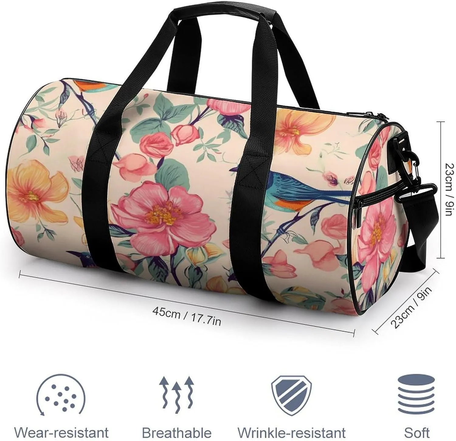 Sports Gym Bag for Women Men Travel Duffel Bag Tote Weekender Bag Flower Birds Carry on Overnight Bag for Travel Swimming Fitness Workout Sports Duffle Bag