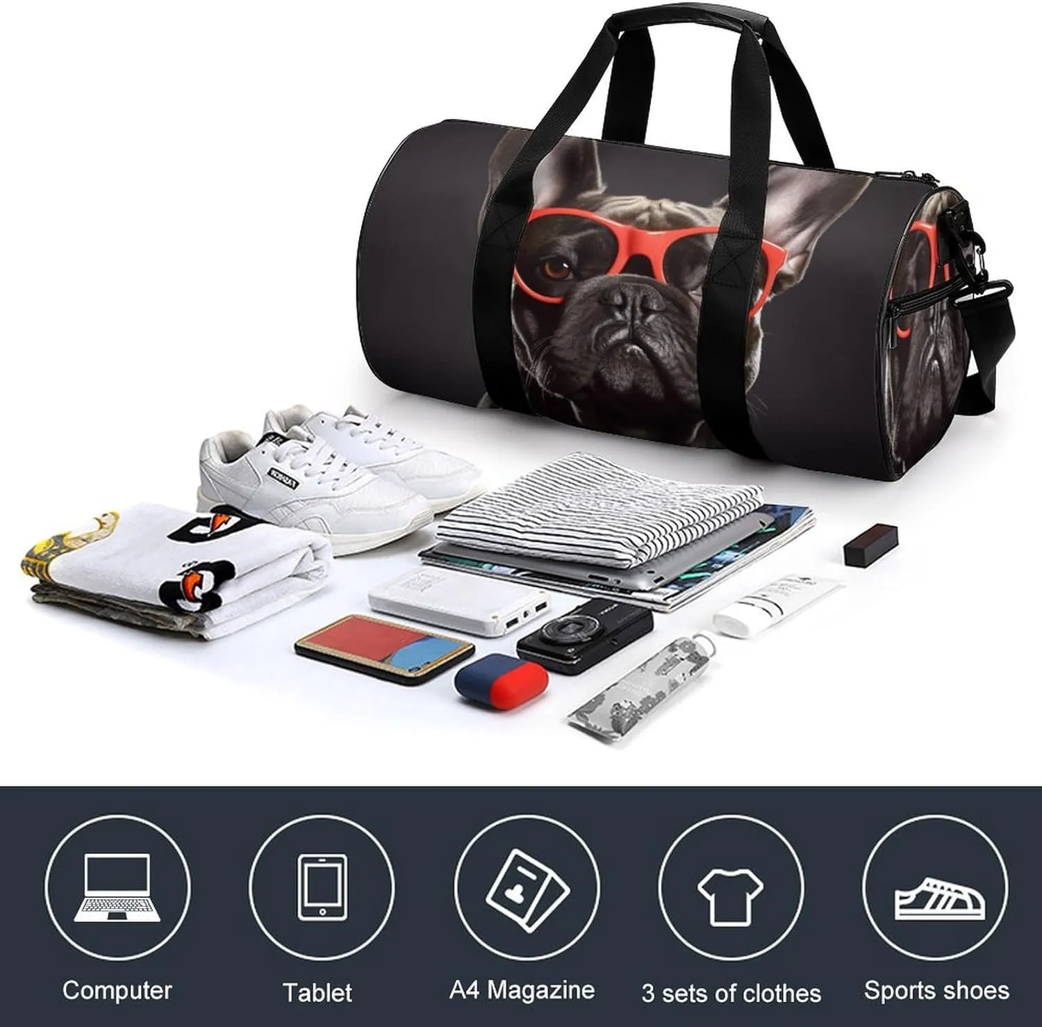 Sports Gym Bag for Women Men Travel Duffel Bag Tote Weekender Bag French Bulldog Carry on Overnight Bag for Travel Swimming Fitness Workout Sports Duffle Bag