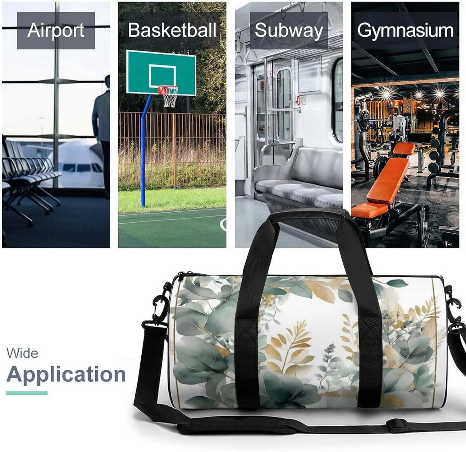 Sports Gym Bag for Women Men Travel Duffel Bag Tote Weekender Bag Gold And Green Leaves Carry on Overnight Bag for Travel Swimming Fitness Workout Sports Duffle Bag