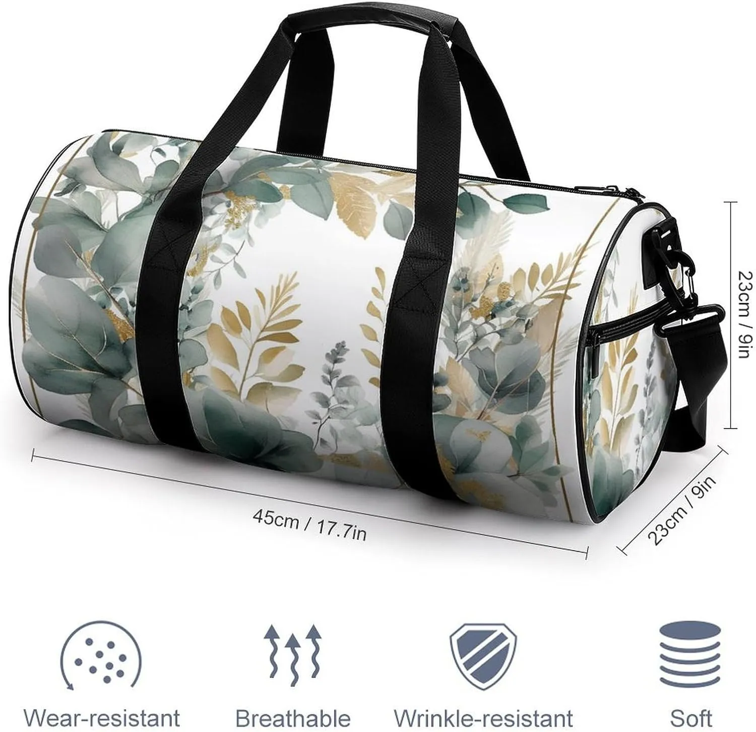 Sports Gym Bag for Women Men Travel Duffel Bag Tote Weekender Bag Gold And Green Leaves Carry on Overnight Bag for Travel Swimming Fitness Workout Sports Duffle Bag