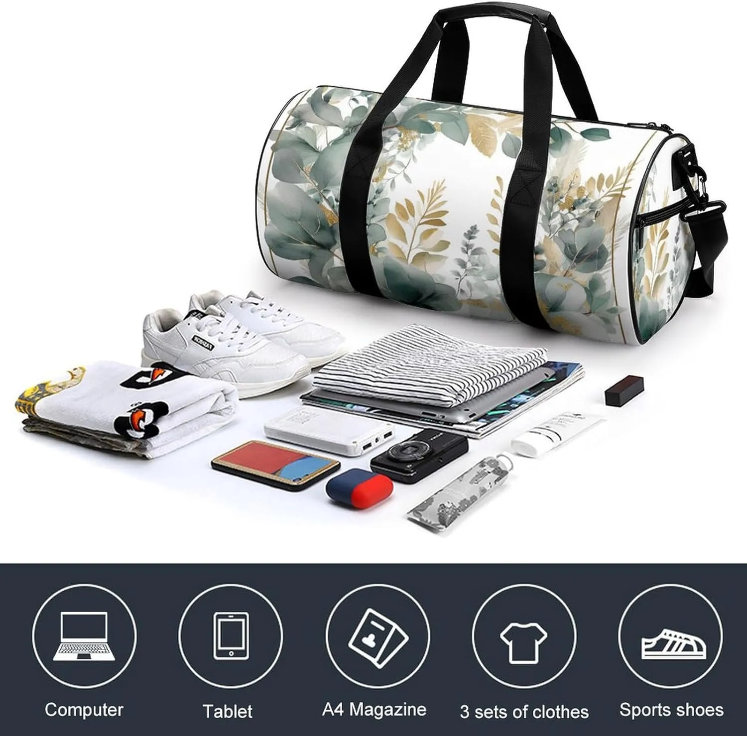 Sports Gym Bag for Women Men Travel Duffel Bag Tote Weekender Bag Gold And Green Leaves Carry on Overnight Bag for Travel Swimming Fitness Workout Sports Duffle Bag