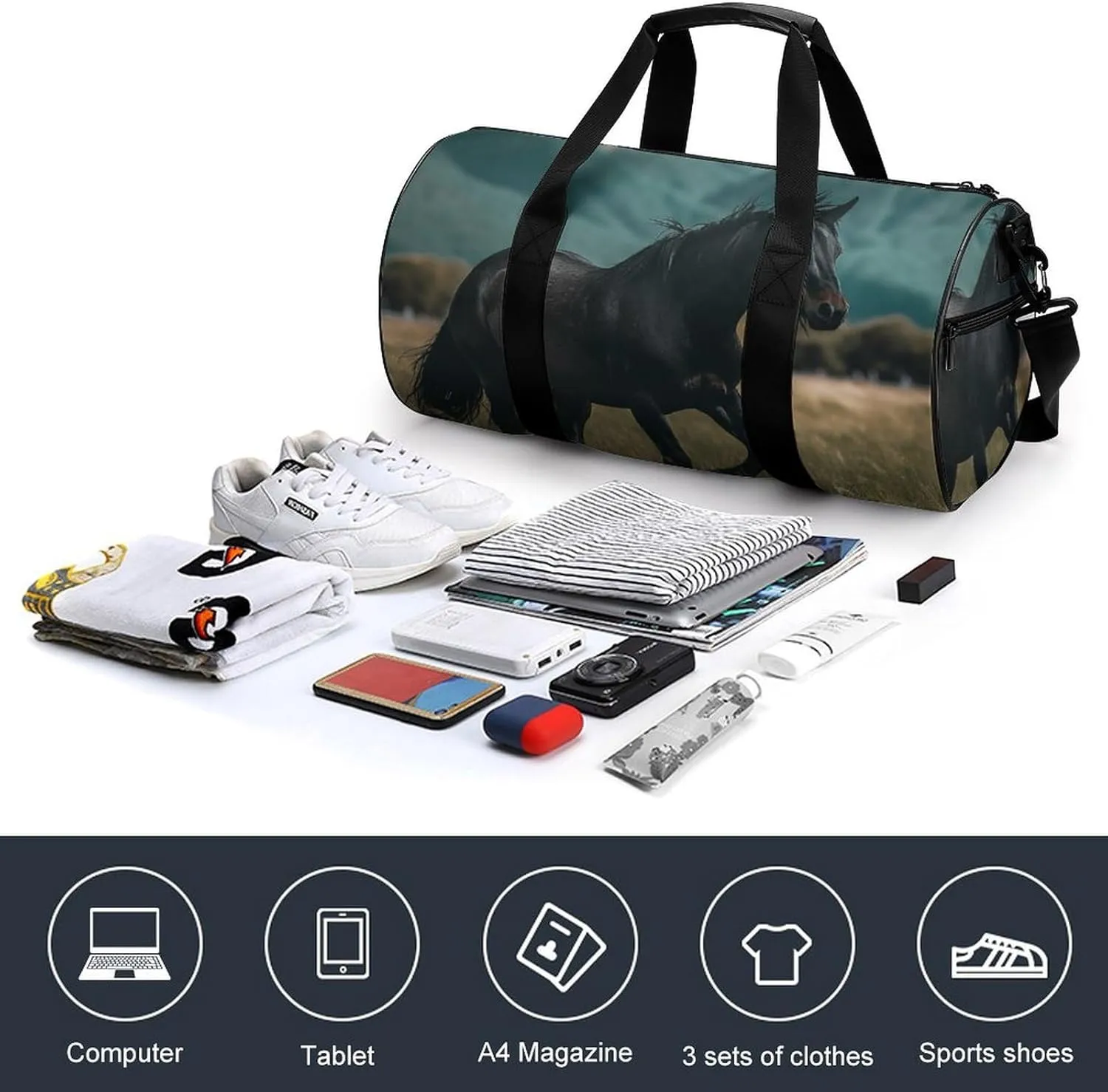 Sports Gym Bag for Women Men Travel Duffel Bag Tote Weekender Bag Horse Crossing Field Carry on Overnight Bag for Travel Swimming Fitness Workout Sports Duffle Bag