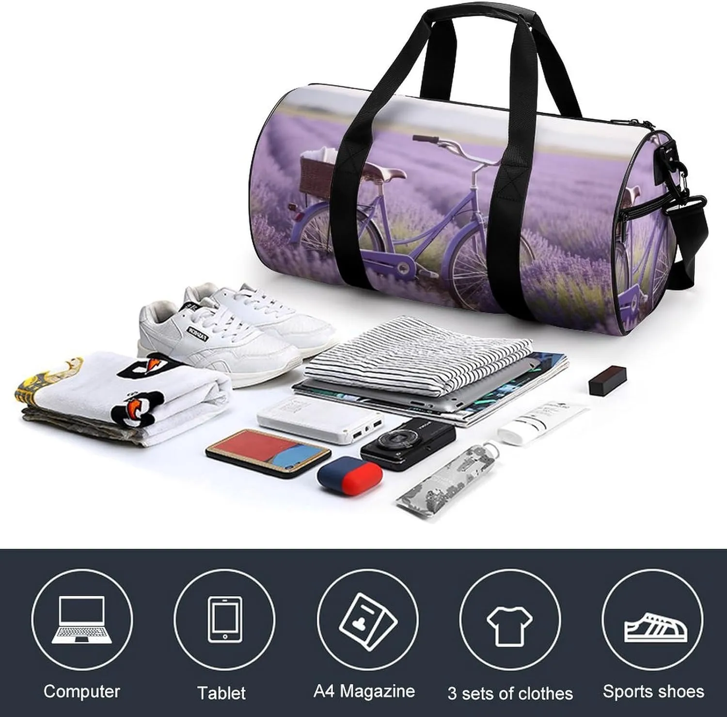 Sports Gym Bag for Women Men Travel Duffel Bag Tote Weekender Bag Lavender Field Bike Carry on Overnight Bag for Travel Swimming Fitness Workout Sports Duffle Bag