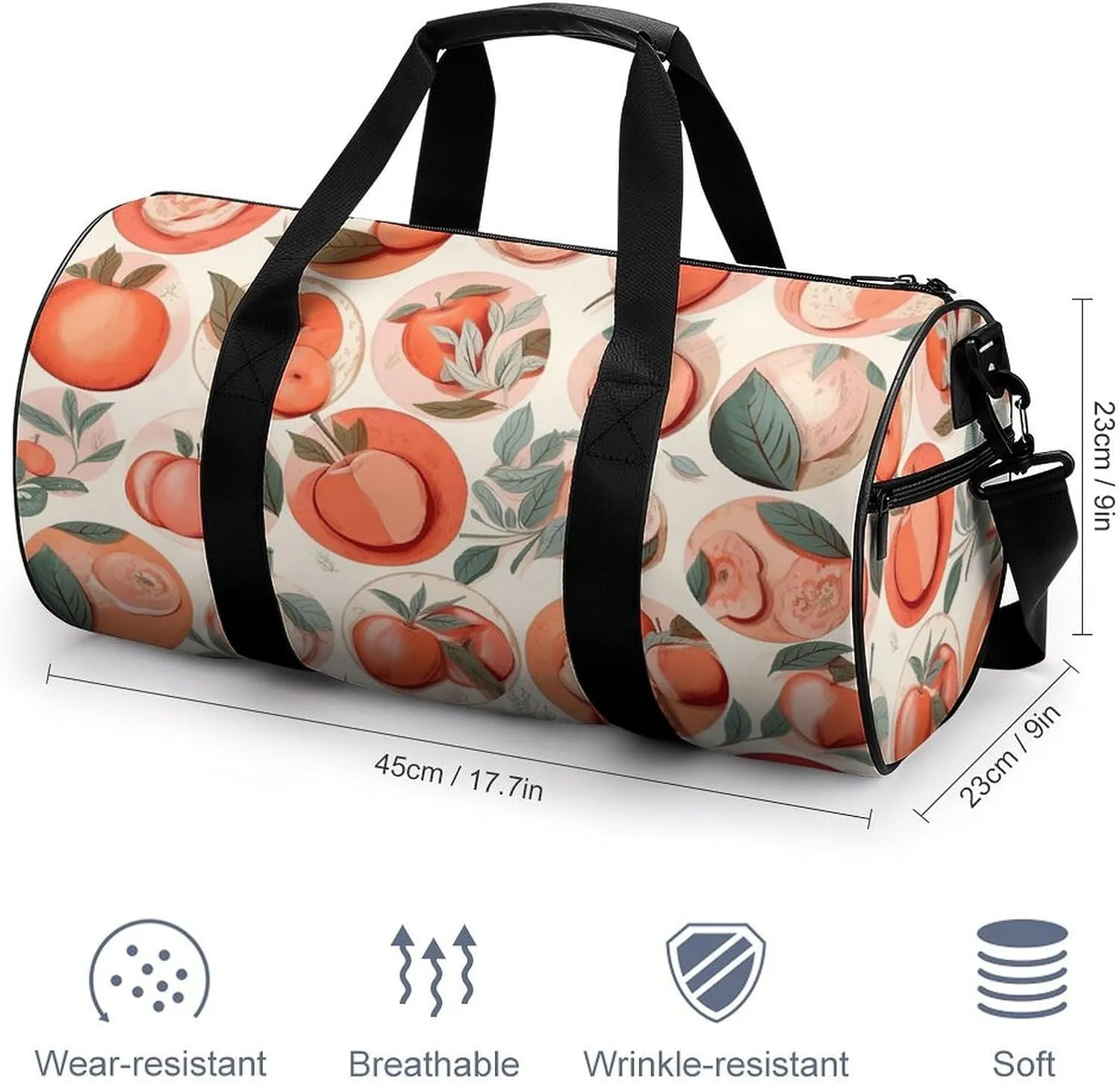 Sports Gym Bag for Women Men Travel Duffel Bag Tote Weekender Bag Round Peach Carry on Overnight Bag for Travel Swimming Fitness Workout Sports Duffle Bag