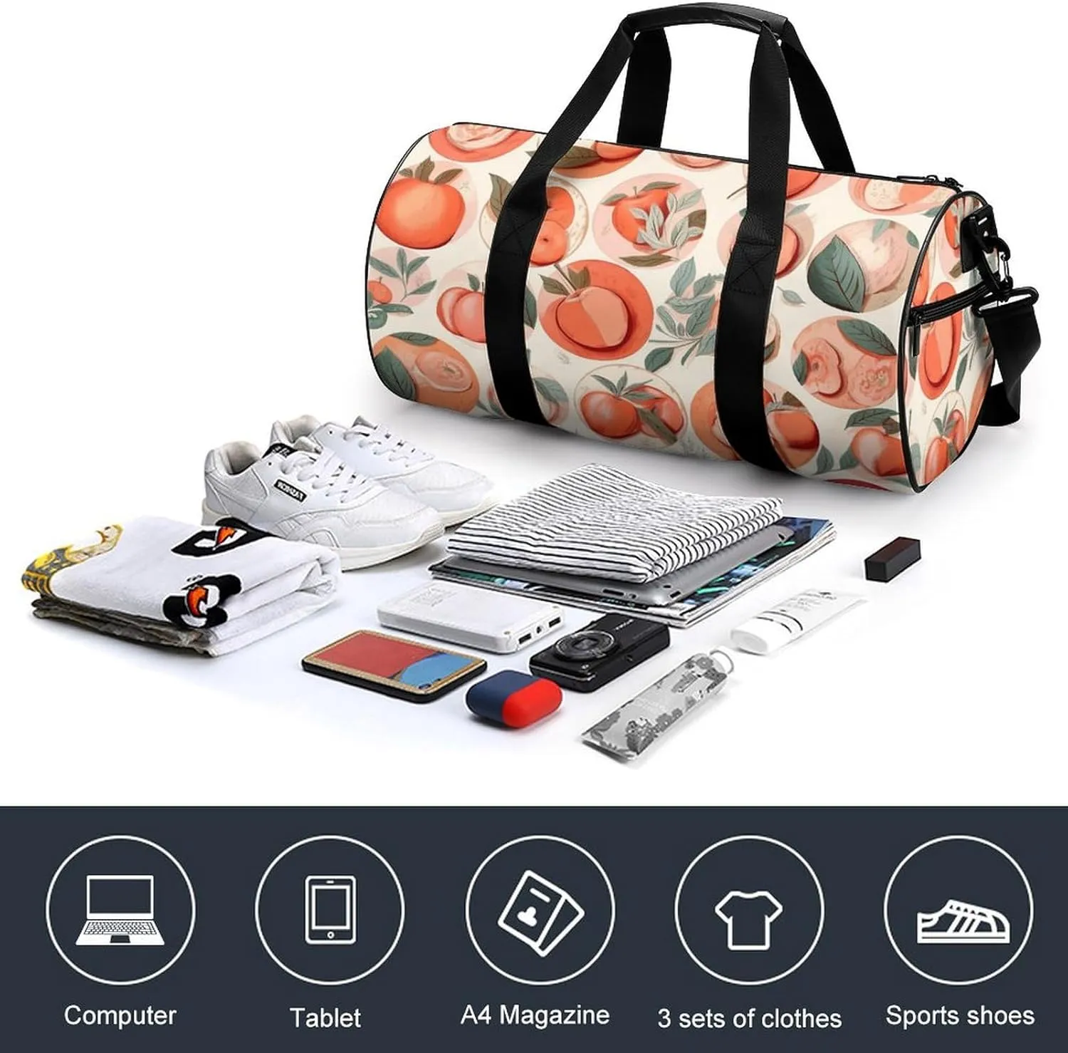 Sports Gym Bag for Women Men Travel Duffel Bag Tote Weekender Bag Round Peach Carry on Overnight Bag for Travel Swimming Fitness Workout Sports Duffle Bag