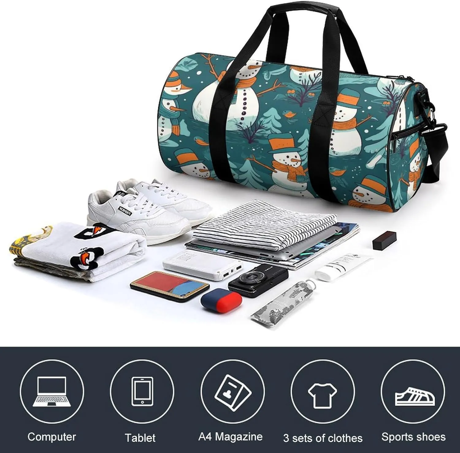Sports Gym Bag for Women Men Travel Duffel Bag Tote Weekender Bag Snowman Pattern Carry on Overnight Bag for Travel Swimming Fitness Workout Sports Duffle Bag