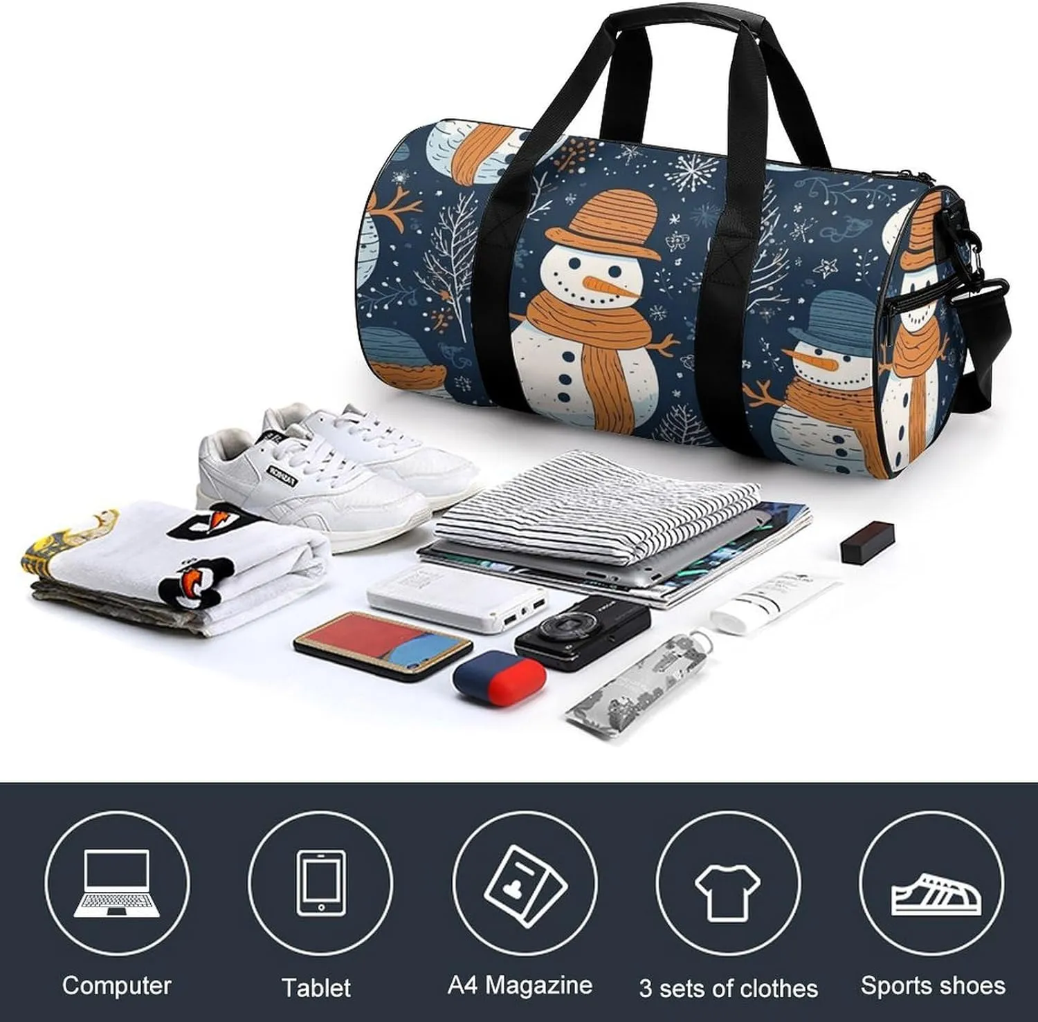 Sports Gym Bag for Women Men Travel Duffel Bag Tote Weekender Bag Snowman Wearing Hat Carry on Overnight Bag for Travel Swimming Fitness Workout Sports Duffle Bag