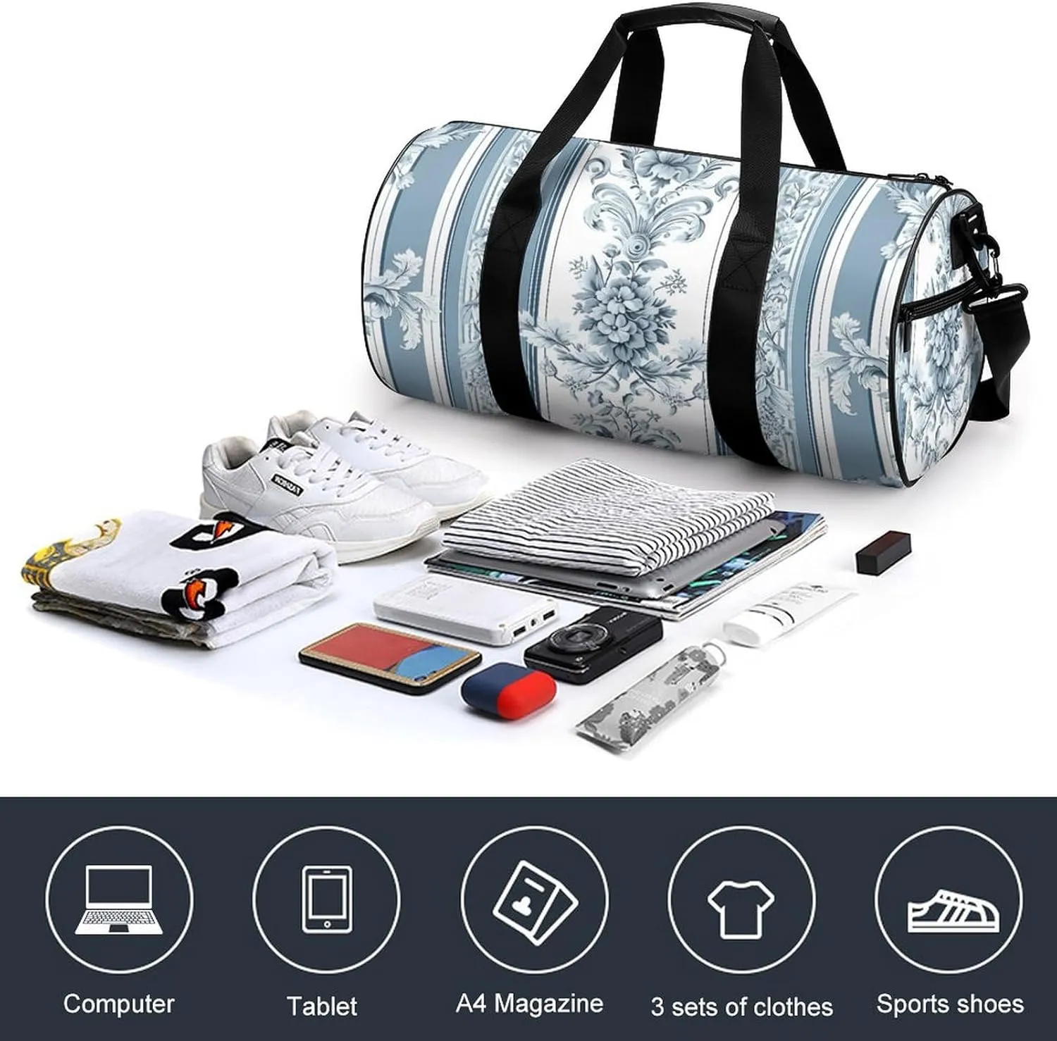 Sports Gym Bag for Women Men Travel Duffel Bag Tote Weekender Bag Stripes And Flowers Carry on Overnight Bag for Travel Swimming Fitness Workout Sports Duffle Bag