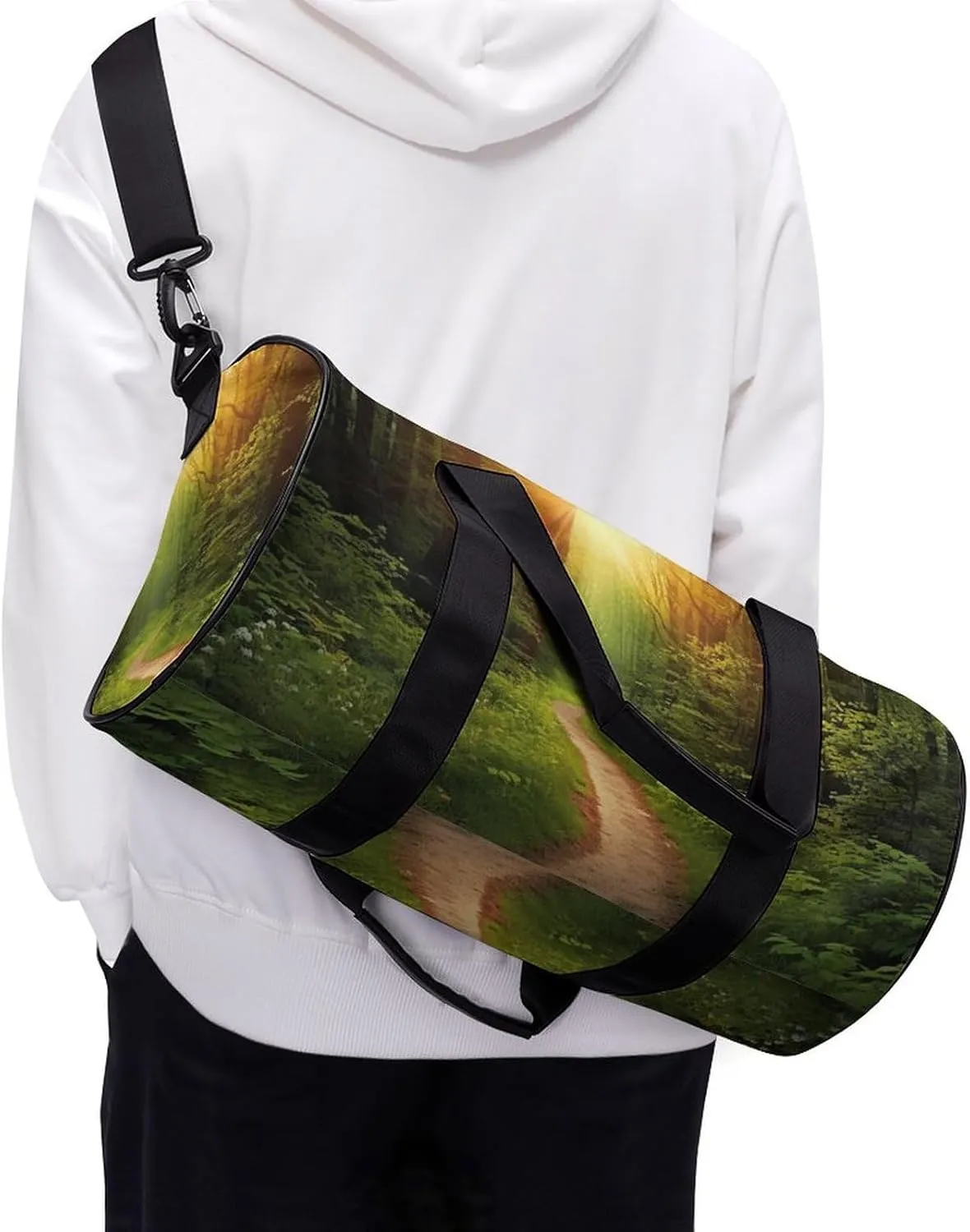 Sports Gym Bag for Women Men Travel Duffel Bag Tote Weekender Bag Sunrise on The Woods Path Carry on Overnight Bag for Travel Swimming Fitness Workout Sports Duffle Bag