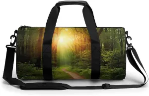 Sports Gym Bag for Women Men Travel Duffel Bag Tote Weekender Bag Sunrise on The Woods Path Carry on Overnight Bag for Travel Swimming Fitness Workout Sports Duffle Bag