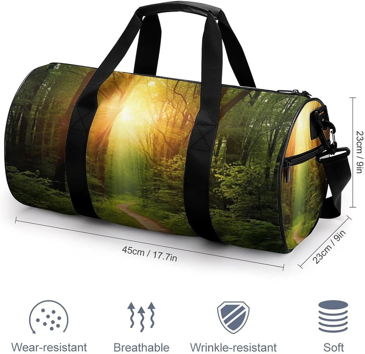 Sports Gym Bag for Women Men Travel Duffel Bag Tote Weekender Bag Sunrise on The Woods Path Carry on Overnight Bag for Travel Swimming Fitness Workout Sports Duffle Bag