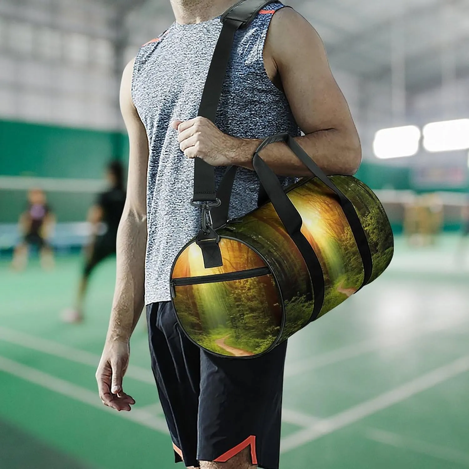 Sports Gym Bag for Women Men Travel Duffel Bag Tote Weekender Bag Sunrise on The Woods Path Carry on Overnight Bag for Travel Swimming Fitness Workout Sports Duffle Bag