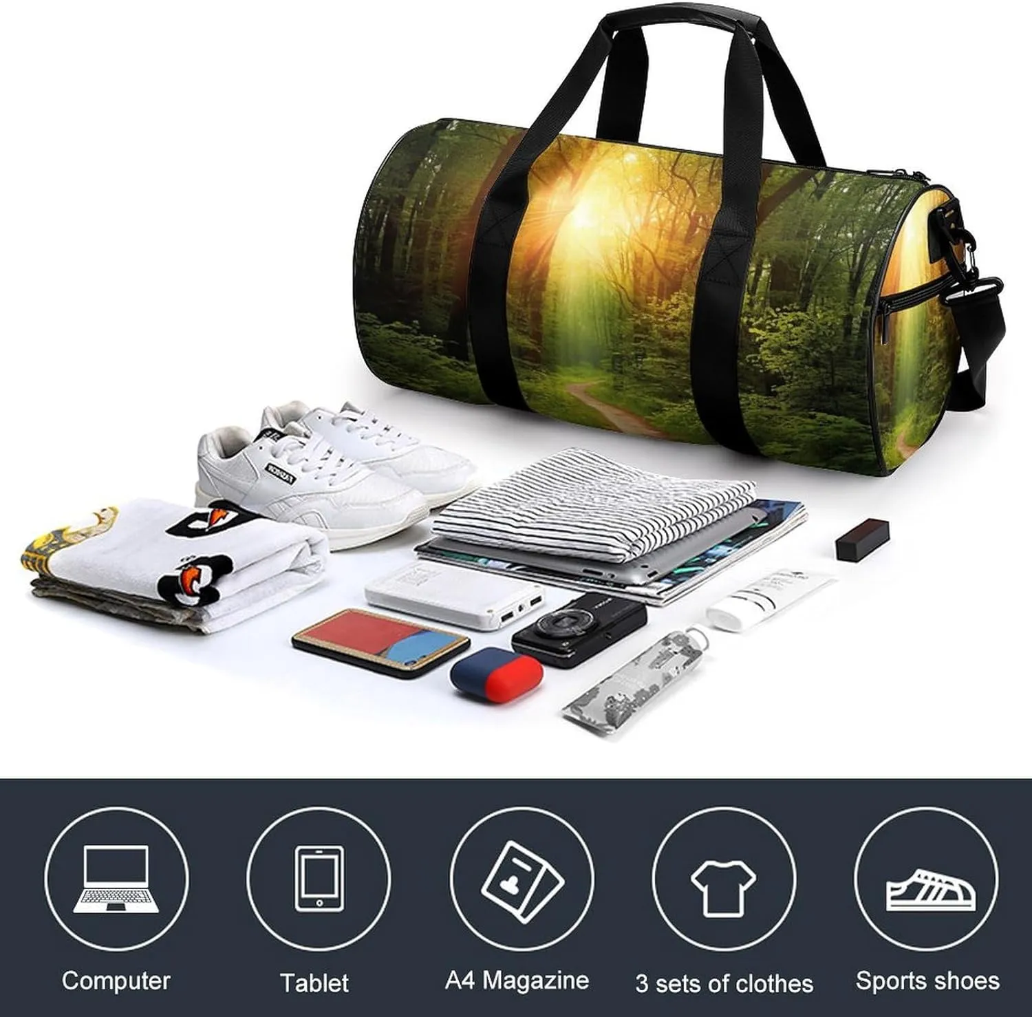 Sports Gym Bag for Women Men Travel Duffel Bag Tote Weekender Bag Sunrise on The Woods Path Carry on Overnight Bag for Travel Swimming Fitness Workout Sports Duffle Bag