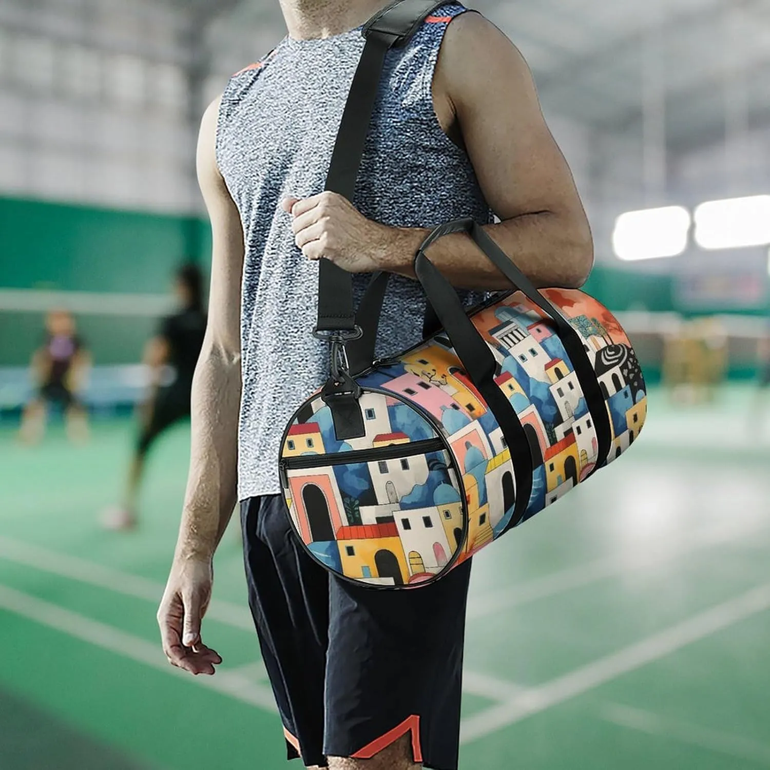 Sports Gym Bag for Women Men Travel Duffel Bag Tote Weekender Bag Village Painting Carry on Overnight Bag for Travel Swimming Fitness Workout Sports Duffle Bag
