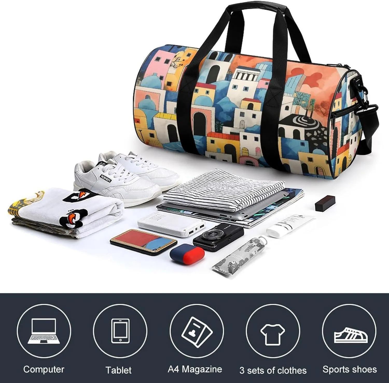 Sports Gym Bag for Women Men Travel Duffel Bag Tote Weekender Bag Village Painting Carry on Overnight Bag for Travel Swimming Fitness Workout Sports Duffle Bag
