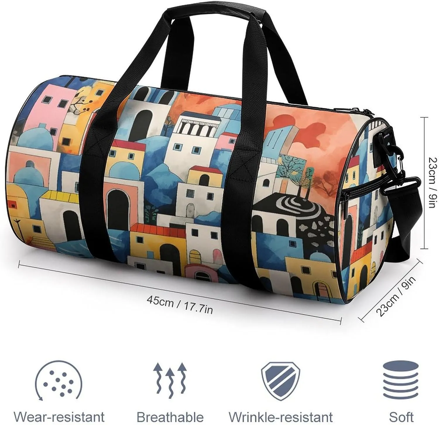 Sports Gym Bag for Women Men Travel Duffel Bag Tote Weekender Bag Village Painting Carry on Overnight Bag for Travel Swimming Fitness Workout Sports Duffle Bag