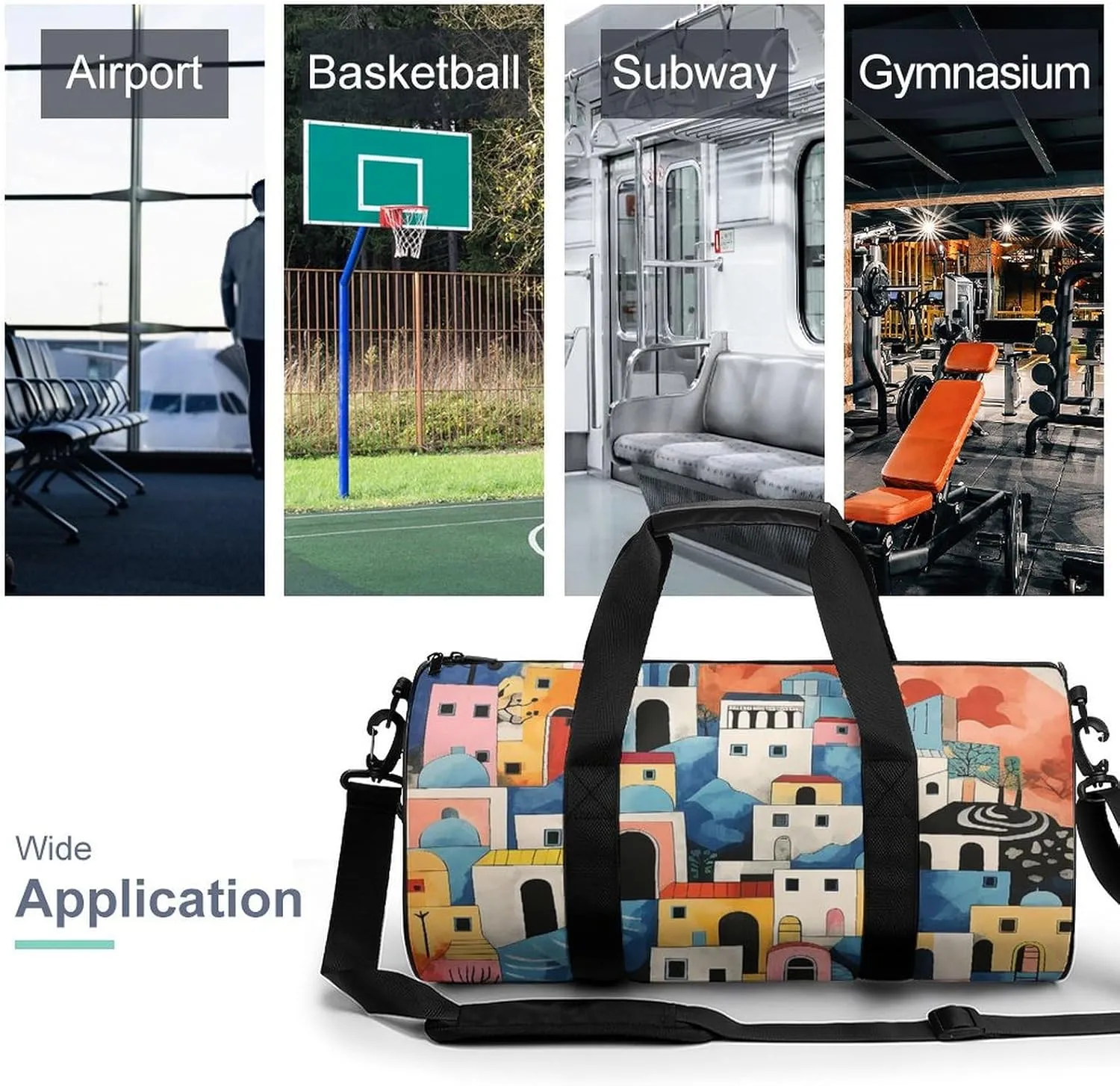 Sports Gym Bag for Women Men Travel Duffel Bag Tote Weekender Bag Village Painting Carry on Overnight Bag for Travel Swimming Fitness Workout Sports Duffle Bag