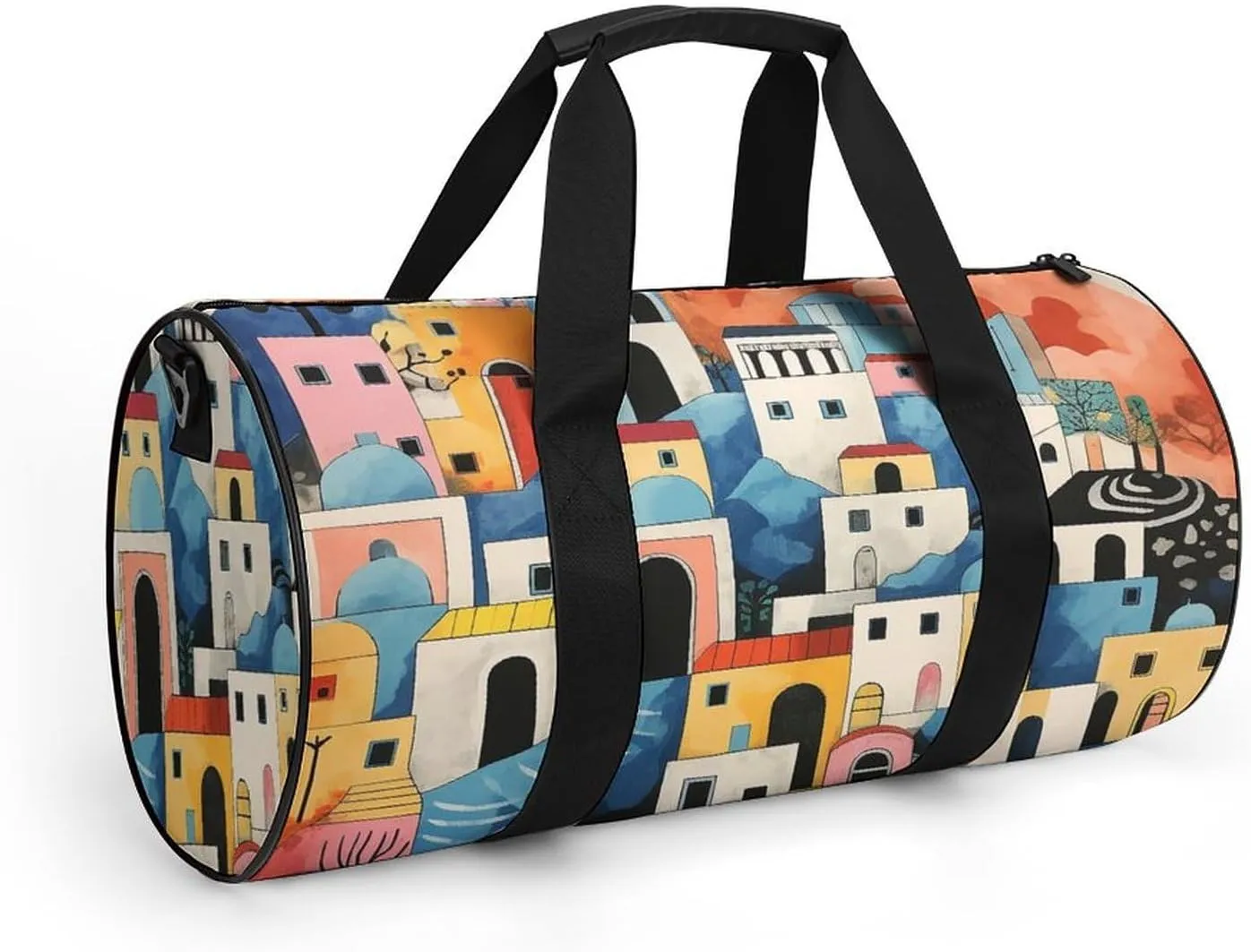 Sports Gym Bag for Women Men Travel Duffel Bag Tote Weekender Bag Village Painting Carry on Overnight Bag for Travel Swimming Fitness Workout Sports Duffle Bag