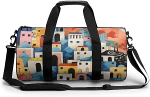 Sports Gym Bag for Women Men Travel Duffel Bag Tote Weekender Bag Village Painting Carry on Overnight Bag for Travel Swimming Fitness Workout Sports Duffle Bag
