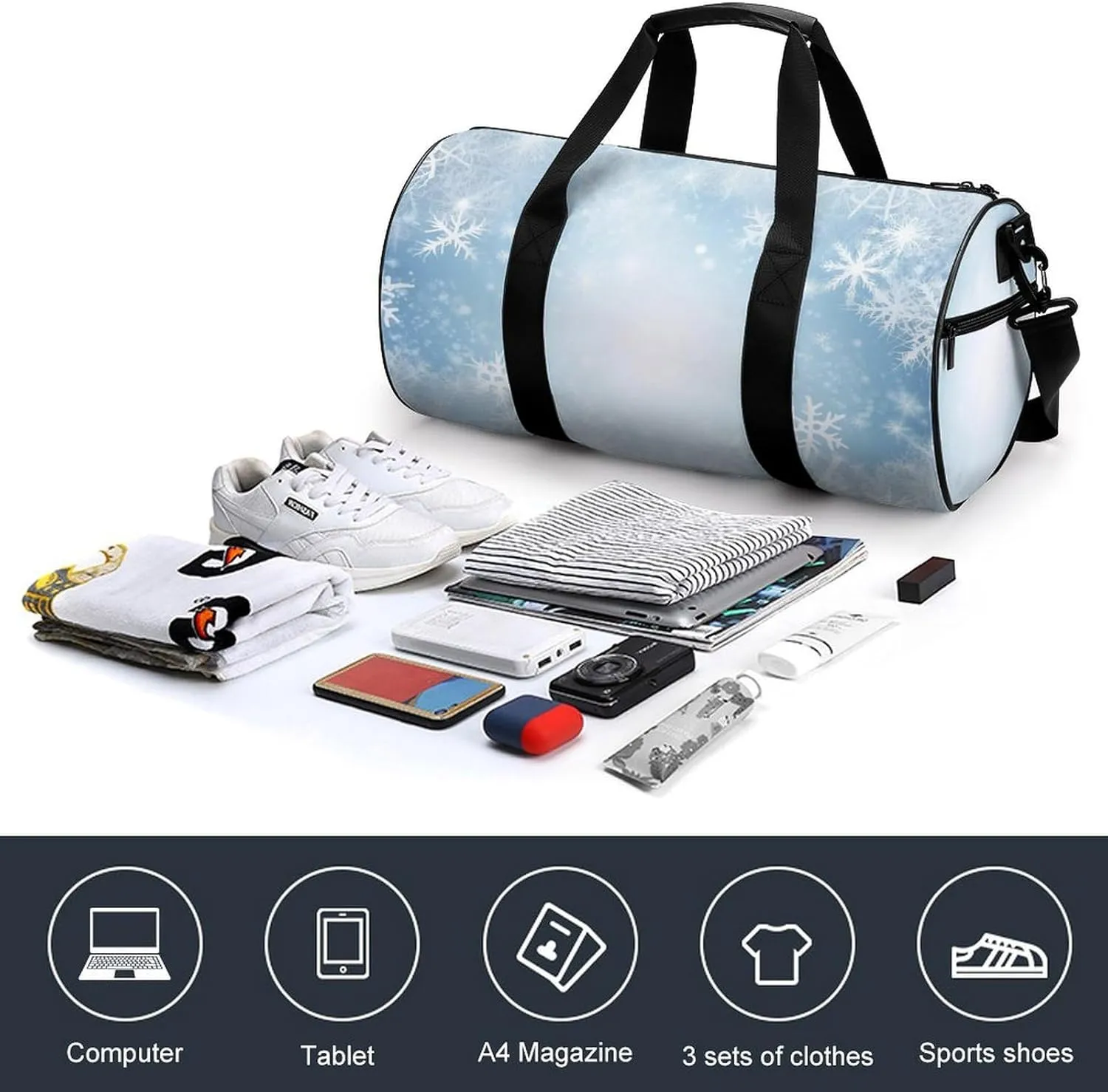 Sports Gym Bag for Women Men Travel Duffel Bag Tote Weekender Bag White Snow Carry on Overnight Bag for Travel Swimming Fitness Workout Sports Duffle Bag