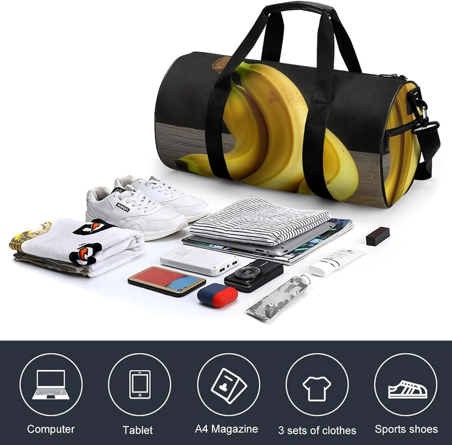 Sports Gym Bag for Women Men Travel Duffel Bag Tote Weekender Bag Yellow Banana Carry on Overnight Bag for Travel Swimming Fitness Workout Sports Duffle Bag