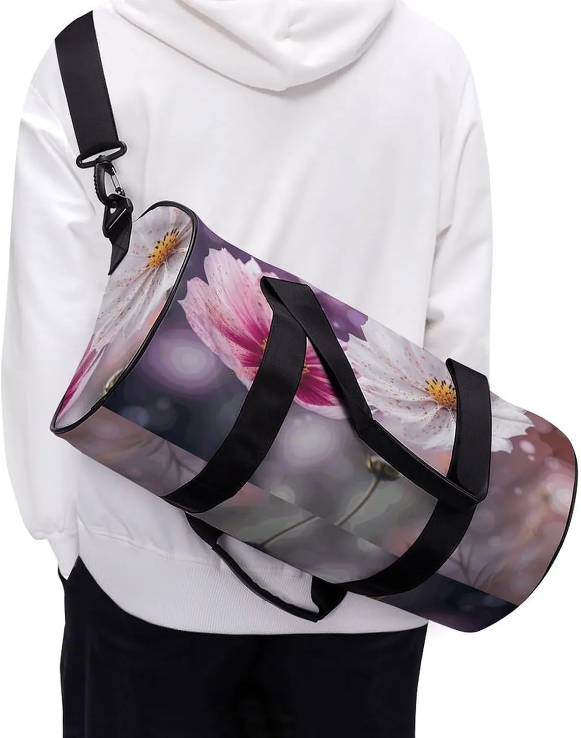 Sports Gym Bag for Women Men Travel Duffel Bag White And Peach Flowers Weekender Bag Canvas Carry on Overnight Bag for Travel Swimming Fitness Workout Sports Duffle Bag
