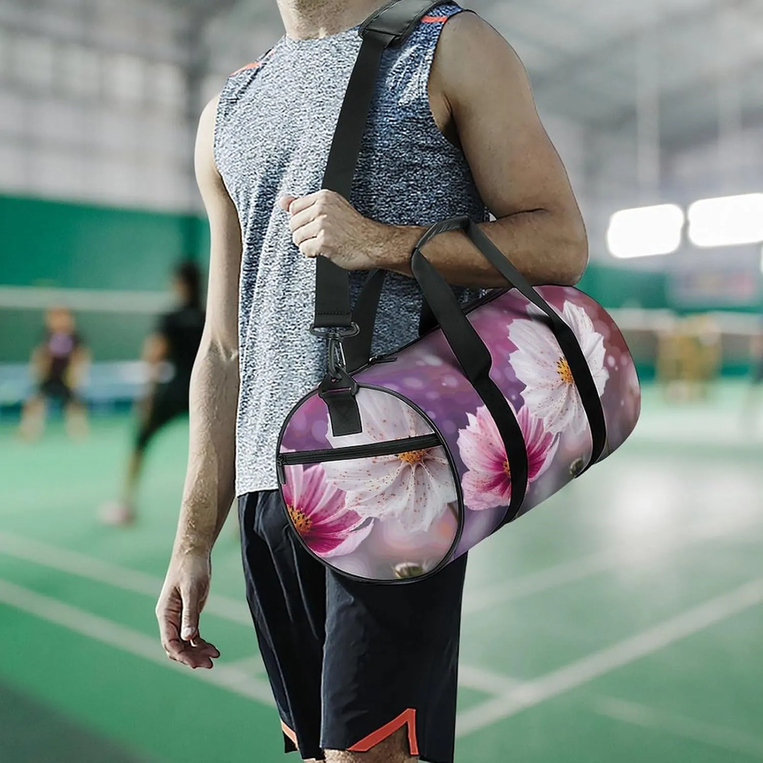 Sports Gym Bag for Women Men Travel Duffel Bag White And Peach Flowers Weekender Bag Canvas Carry on Overnight Bag for Travel Swimming Fitness Workout Sports Duffle Bag