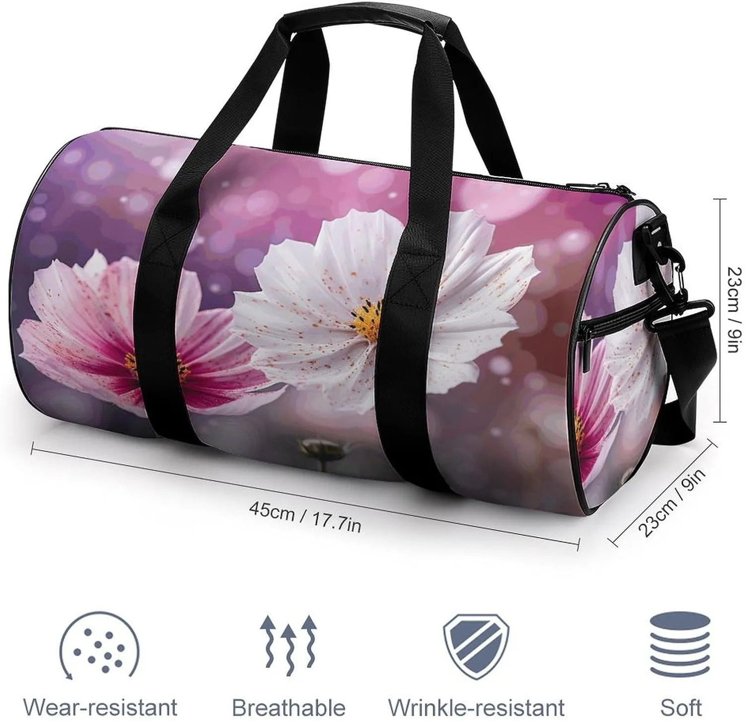 Sports Gym Bag for Women Men Travel Duffel Bag White And Peach Flowers Weekender Bag Canvas Carry on Overnight Bag for Travel Swimming Fitness Workout Sports Duffle Bag