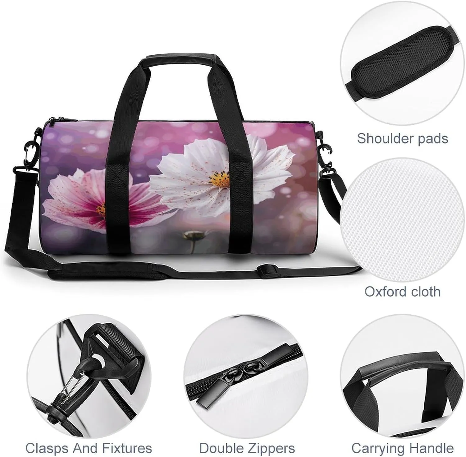 Sports Gym Bag for Women Men Travel Duffel Bag White And Peach Flowers Weekender Bag Canvas Carry on Overnight Bag for Travel Swimming Fitness Workout Sports Duffle Bag