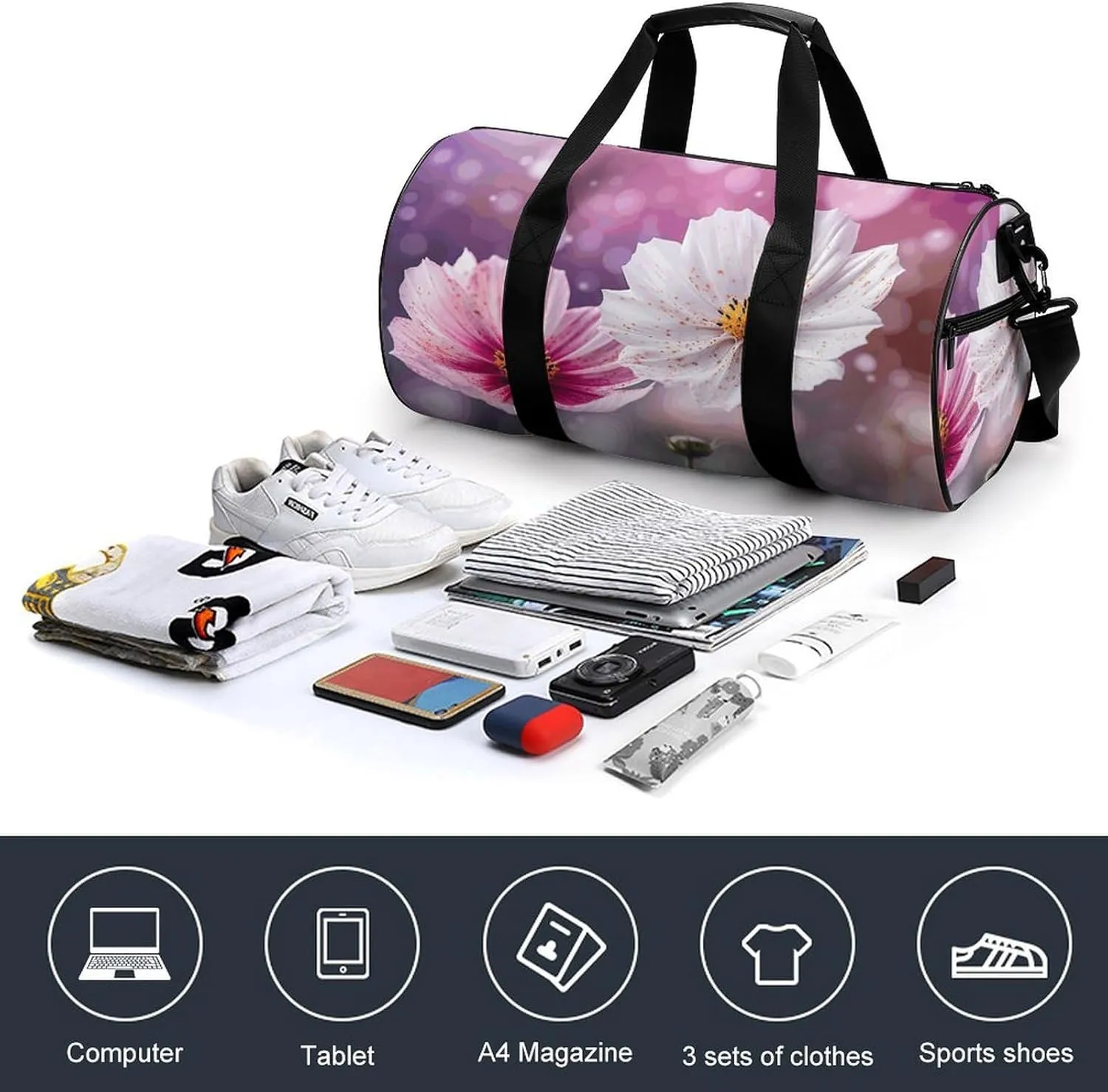 Sports Gym Bag for Women Men Travel Duffel Bag White And Peach Flowers Weekender Bag Canvas Carry on Overnight Bag for Travel Swimming Fitness Workout Sports Duffle Bag
