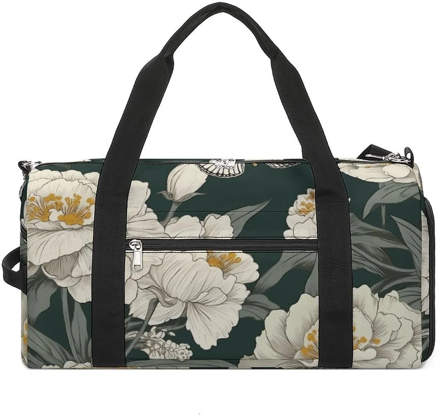 Sports Gym Bag for Women Men with Shoe And Wet Compartment Travel Duffel Bag Flowers And Green Stripes Weekender Bag Carry on Overnight Bag for Swimming Fitness Workout Sport Duffle Bag