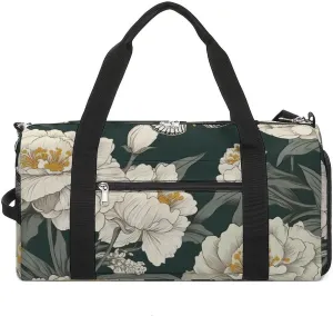 Sports Gym Bag for Women Men with Shoe And Wet Compartment Travel Duffel Bag Flowers And Green Stripes Weekender Bag Carry on Overnight Bag for Swimming Fitness Workout Sport Duffle Bag