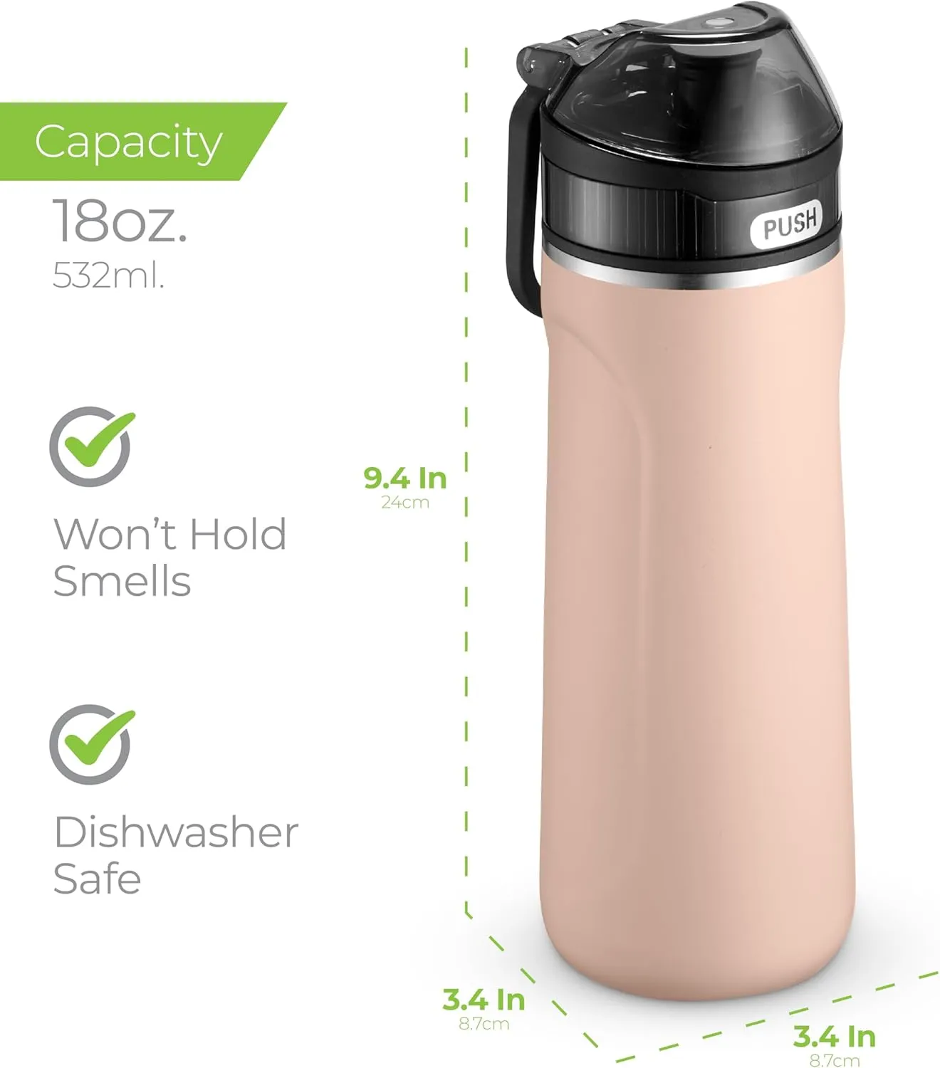 Stainless Steel Water Bottle, 18oz, Peach, Reusable, BPA-Free, Keeps Cold 24hr, Triple Insulated, Leak Proof Straw Lid, Sustainable Material, Hiking