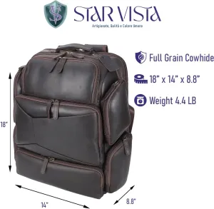 STAR VISTA Colosse 18" Large Vintage Full Grain Leather Laptop Backpack for Men, Multi Pockets, Casual Outdoor Business Travel Rucksack, YKK Zippers, Dark Brown