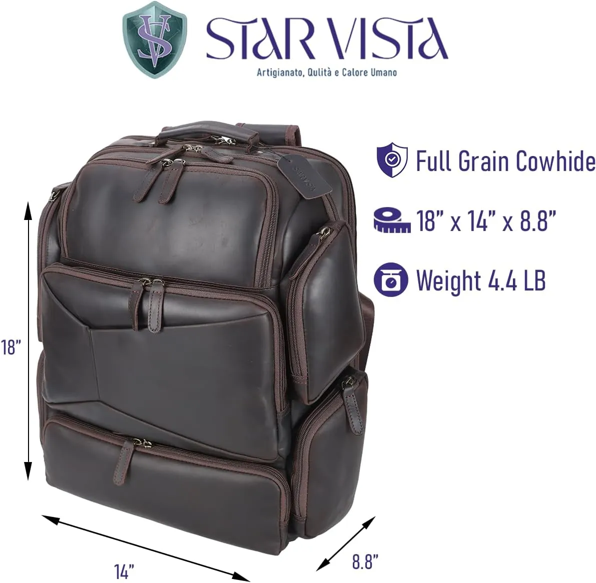 STAR VISTA Colosse 18" Large Vintage Full Grain Leather Laptop Backpack for Men, Multi Pockets, Casual Outdoor Business Travel Rucksack, YKK Zippers, Dark Brown
