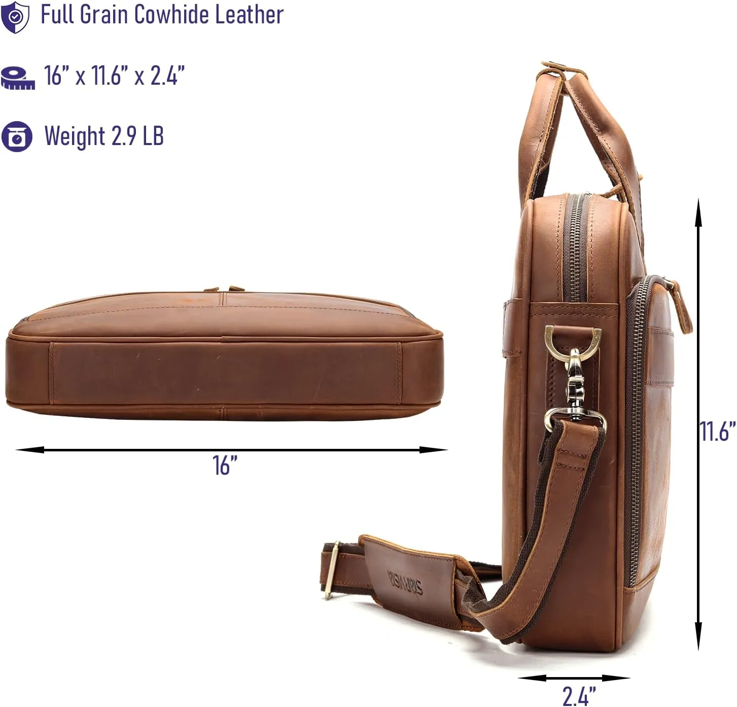 STAR VISTA Siro 15.6" Slim Laptop Messenger Bag, Full Grain Leather Briefcase, YKK Zippers, Brass Hardware