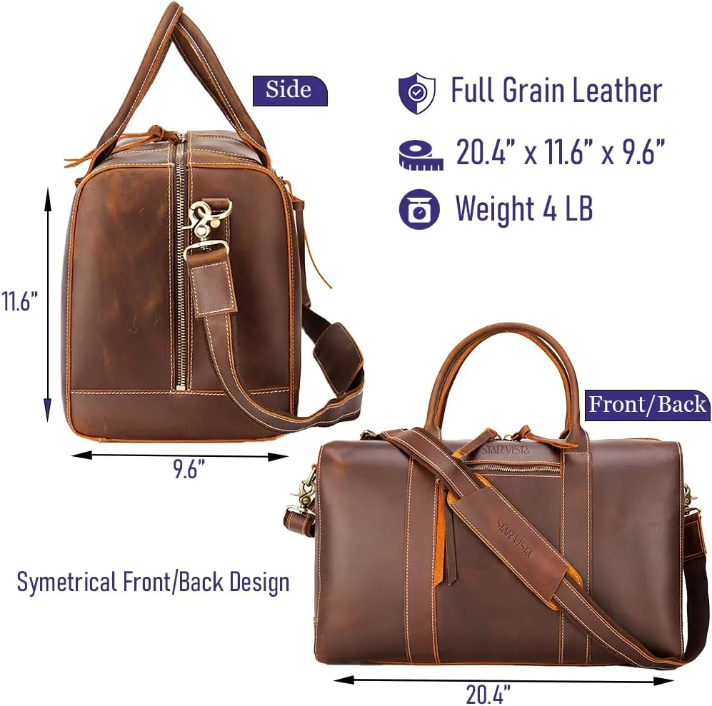 STAR VISTA Trevi 36L Handmade Full Grain Leather Travel Duffel Bag - Airplane Underseat Weekender Overnight Carry On Bag, Gym Bag, Sports Bag, YKK Zippers