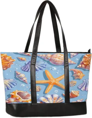 Starfish Shells Sea Shells Laptop Tote Bag for Women Lightweight Work Purse with Multiple Compartments Fits 13-15.6 Inch Laptop Tablet Shoulder Bag for Office Travel Daily Use