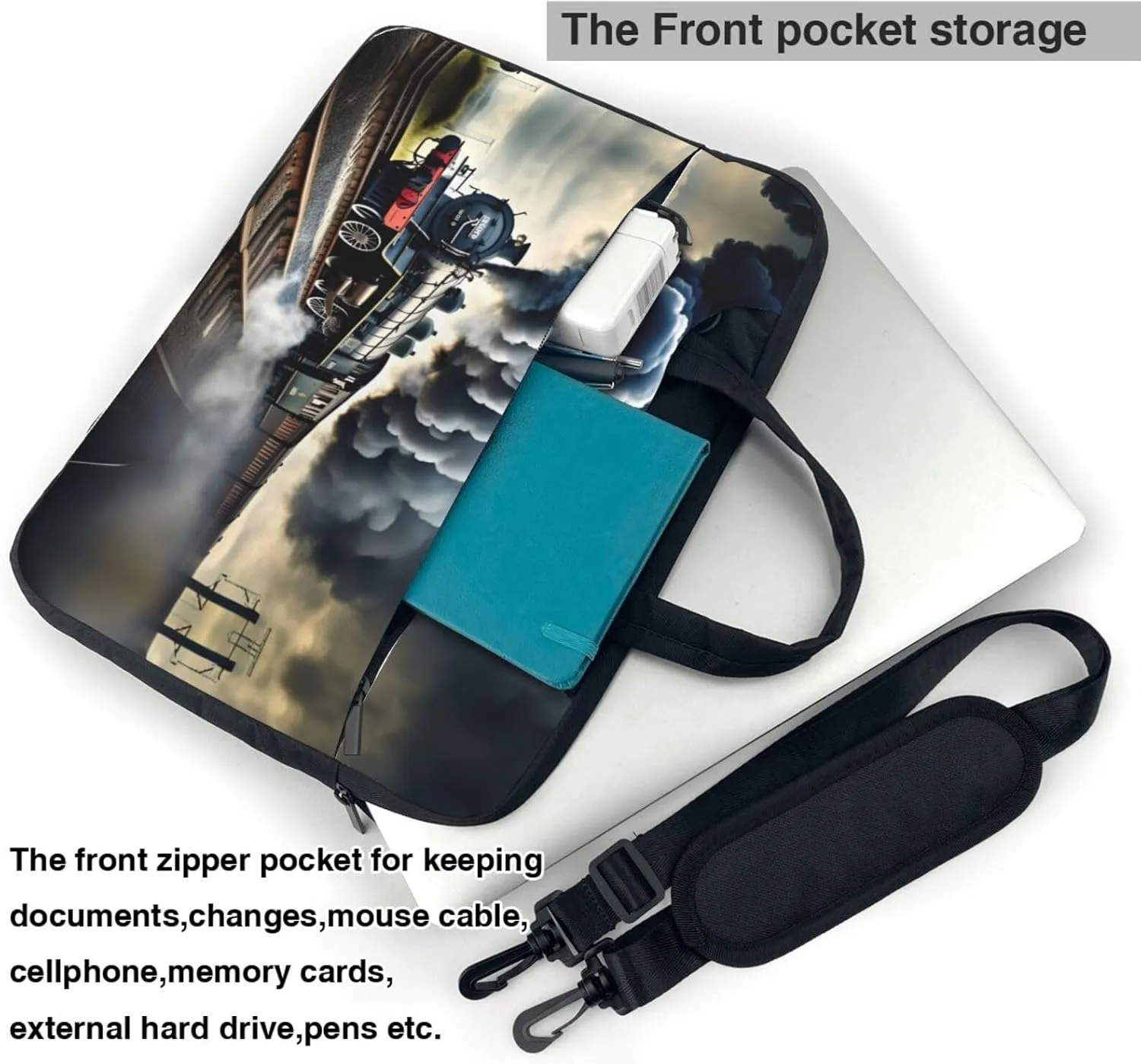 Steam Train Clouds Print Laptop Bag Laptop Case Shoulder Laptop Bag with Padded Protection Spacious Pockets