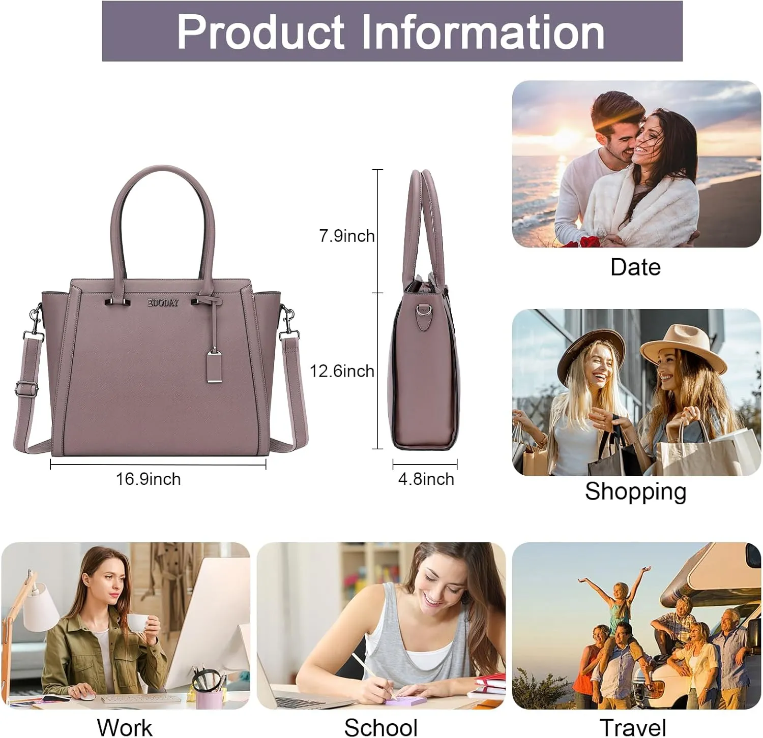 Stylish 15.6 Inch Laptop Tote Bag for Women - Travel Computer Handbag with Long Shoulder Strap