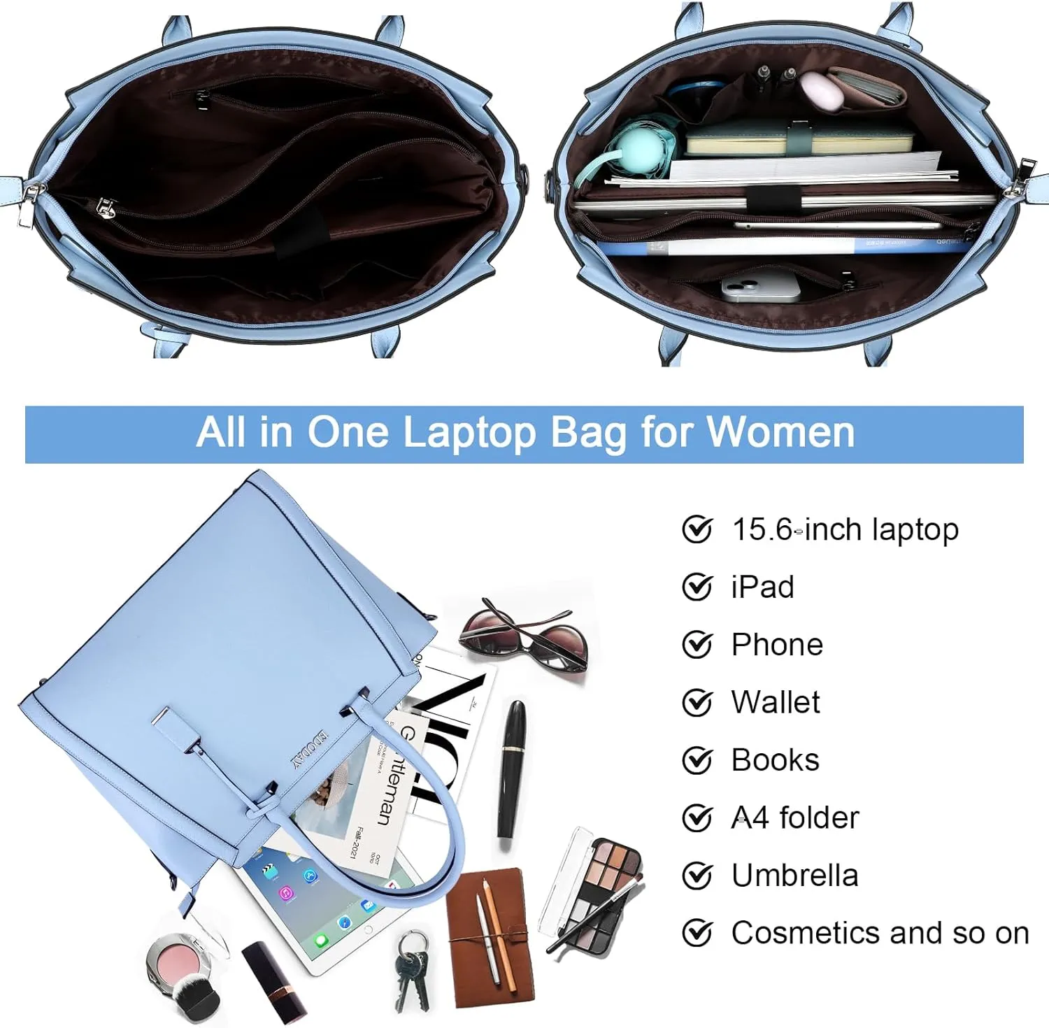 Stylish 15.6 Inch Laptop Tote Bag for Women - Travel Computer Handbag with Long Shoulder Strap