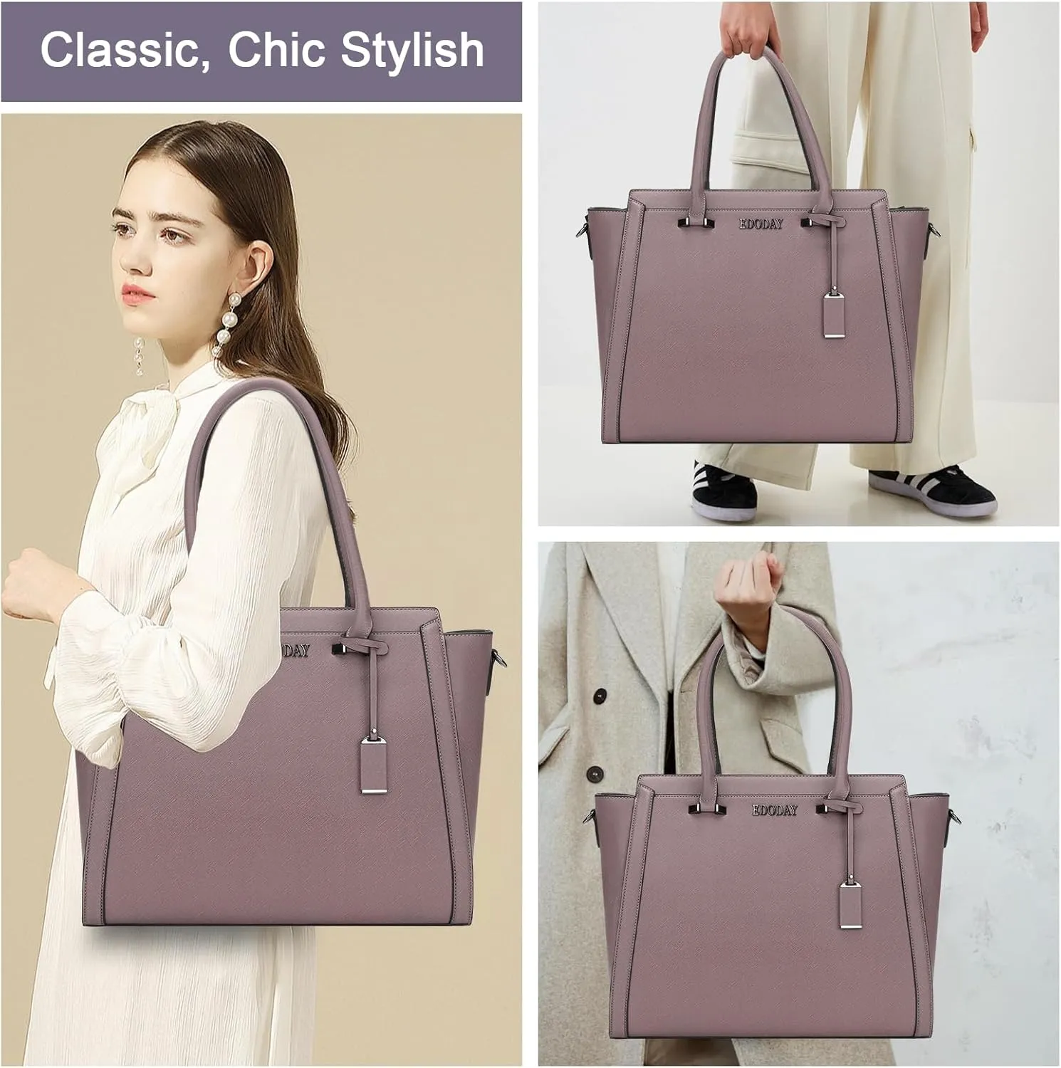 Stylish 15.6 Inch Laptop Tote Bag for Women - Travel Computer Handbag with Long Shoulder Strap