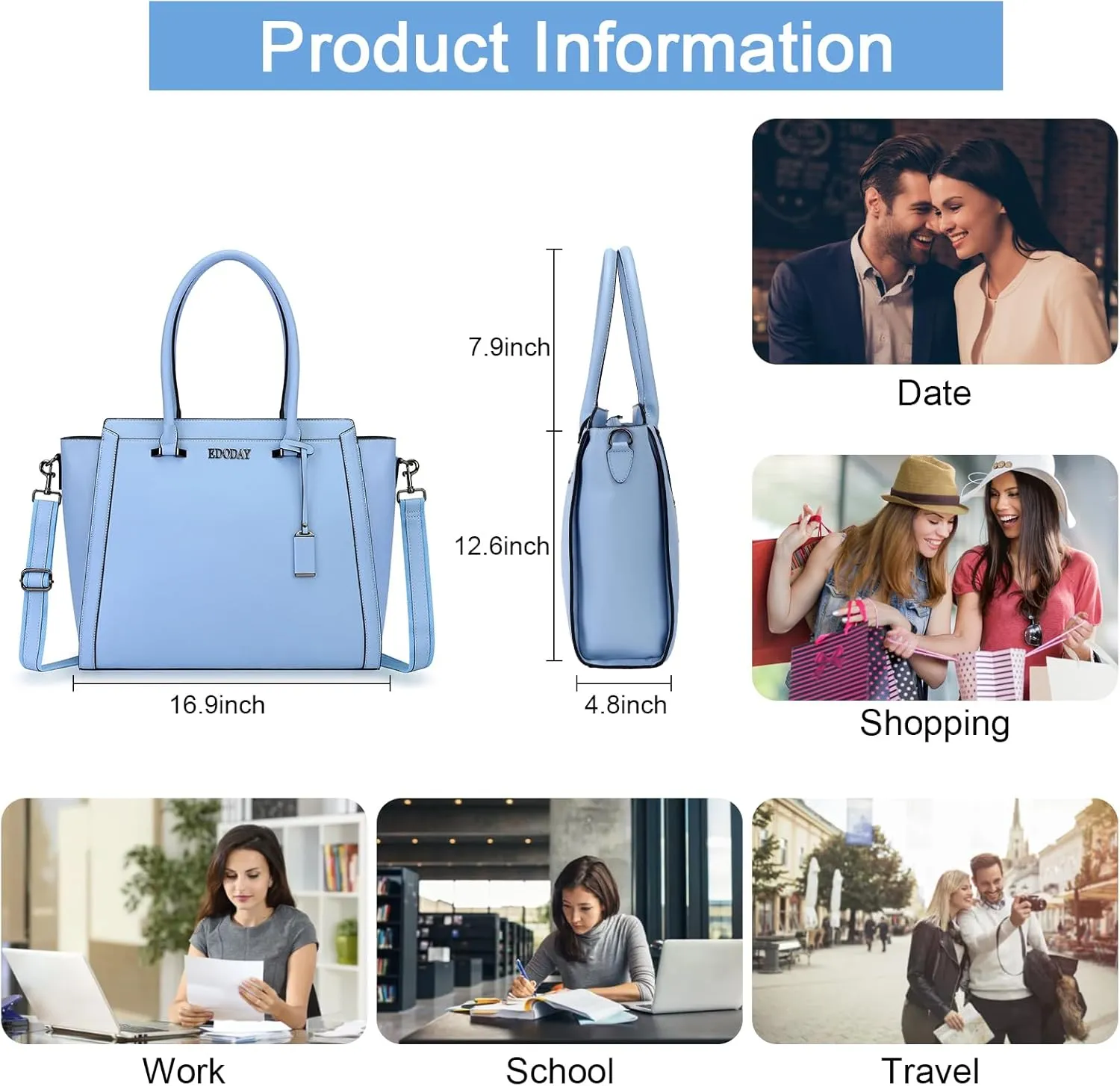 Stylish 15.6 Inch Laptop Tote Bag for Women - Travel Computer Handbag with Long Shoulder Strap