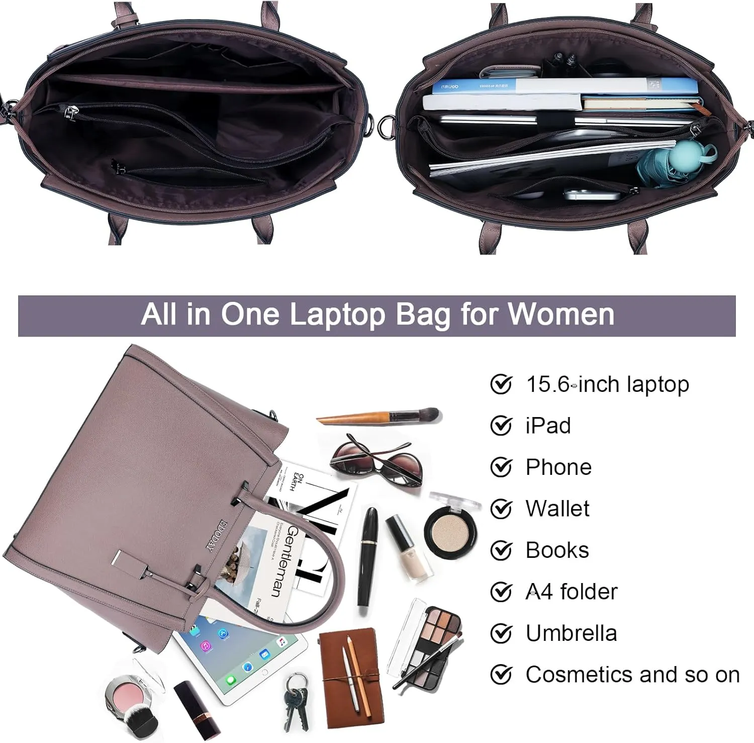 Stylish 15.6 Inch Laptop Tote Bag for Women - Travel Computer Handbag with Long Shoulder Strap