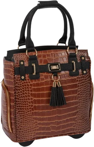 Stylish Ladies Laptop Bags - Petite Manhattan Brown Alligator Rolling Briefcase for Women – Compact Rolling Tote & Laptop Bag with Wheels, Fits up to 13” Laptop for Work, Travel, & Shopping