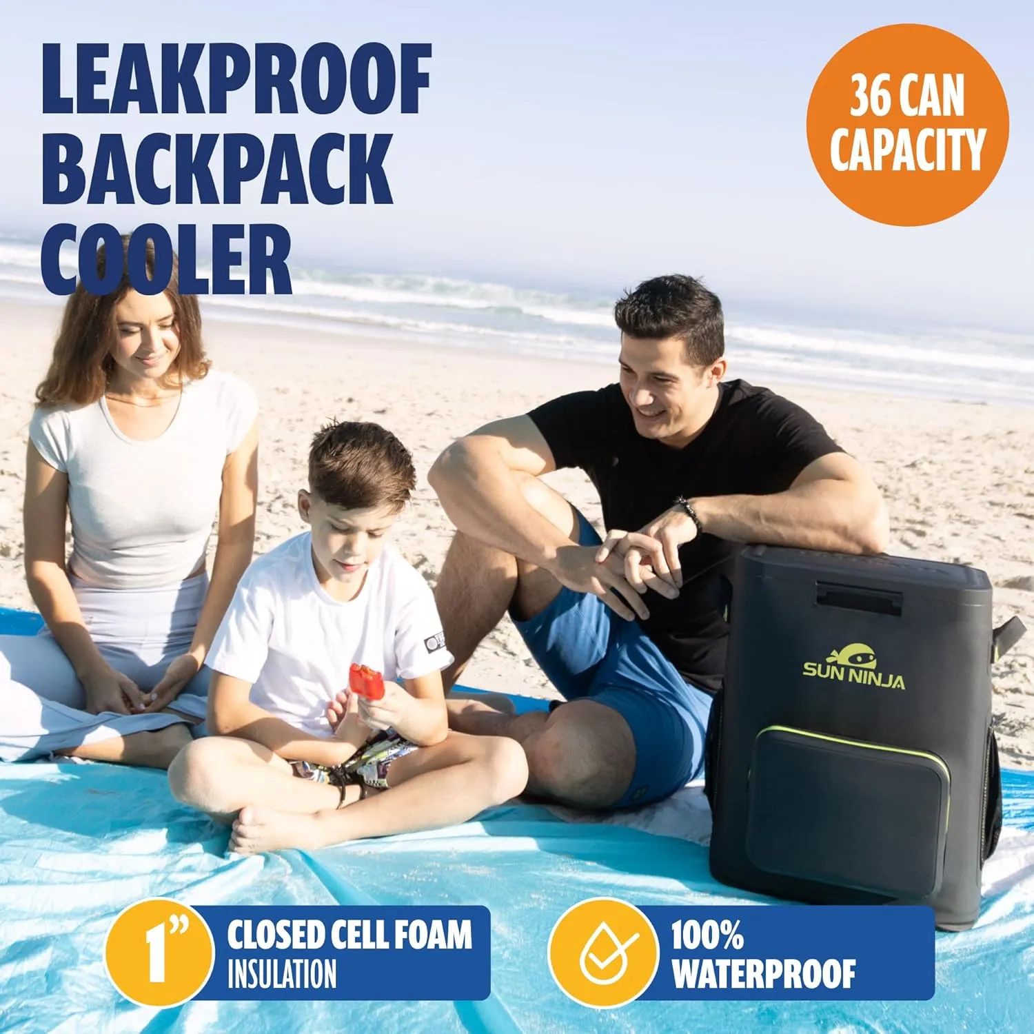Sun Ninja Backpack Cooler - Insulated Leak Proof Beach Bag - 100% Waterproof Travel Picnic Backpacks for Men & Women - Keeps Drinks Cold for up to 48 Hours - Up to 36 Cans