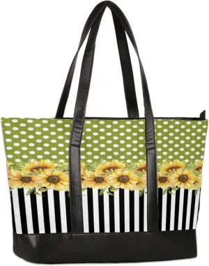 Sunflower Dot Stripe Laptop Tote Bag for Women Lightweight Work Purse with Multiple Compartments Fits 13-15.6 Inch Laptop Tablet Shoulder Bag for Office Travel Daily Use