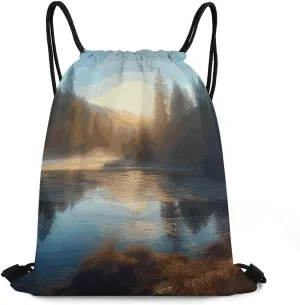 Sunrise over Mountain Forest Lake Drawstring Backpacks For Mans And Women Drawstring Waterproof Sport Pack String Cinch Bags For Travelling,Gym