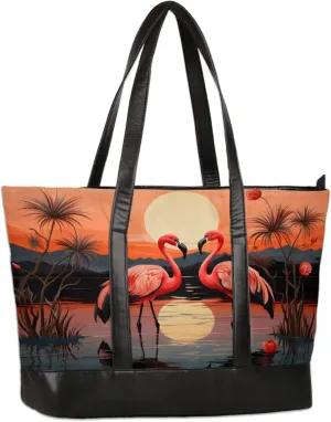 Sunset Flamingos Laptop Tote Bag for Women Lightweight Work Purse with Multiple Compartments Fits 13-15.6 Inch Laptop Tablet Shoulder Bag for Office Travel Daily Use