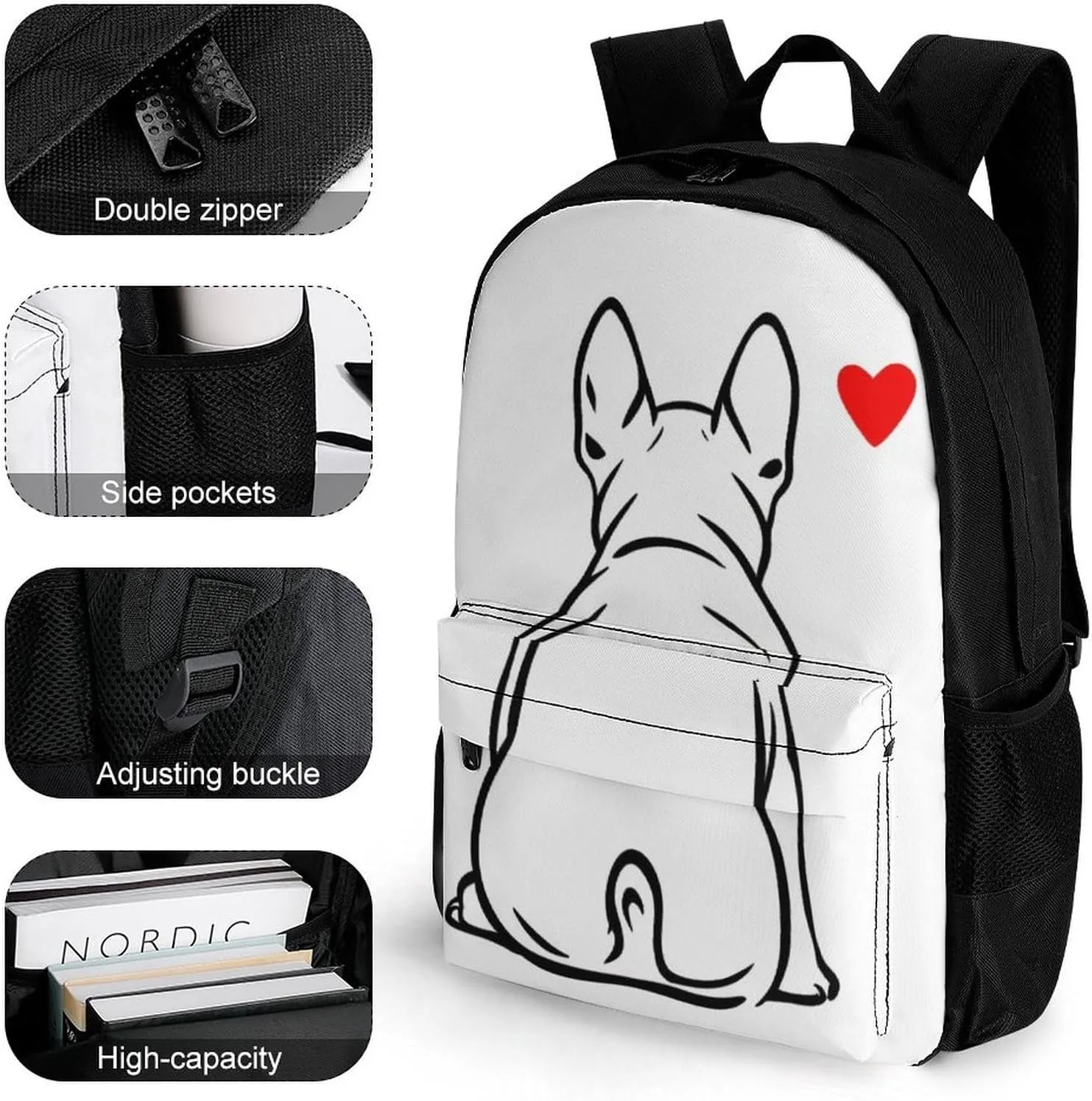 Supdreamc Men Women Polyester Funny French Bulldog Puppy Dog Daypack Bookbag Big Capacity Shoulder Bag With Padded Straps for Climbing Travel Walking Cycling
